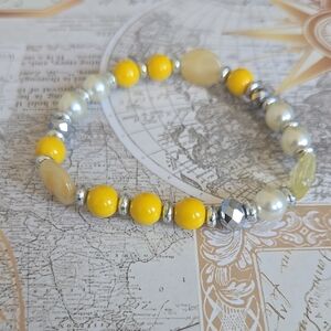 Yellow Beaded Stretch Bracelet with Pearlescent and Silver Accents